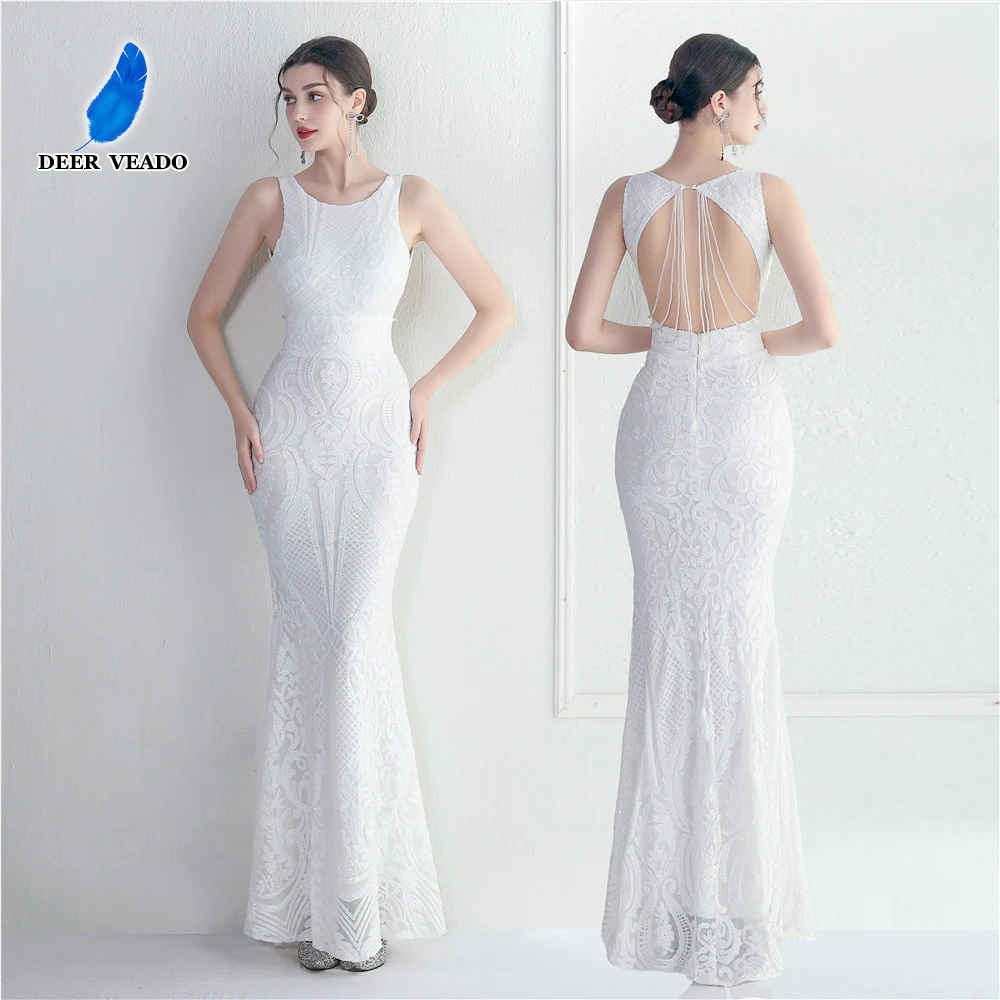 DEERVEADO Mermaid O Neck White Sequins Evening Dress Long Backless Formal Occasion Dress Elegant Party Dress for Women Prom Gown