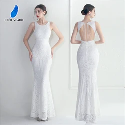 DEERVEADO Mermaid O Neck White Sequins Evening Dress Long Backless Formal Occasion Dress Elegant Party Dress for Women Prom Gown