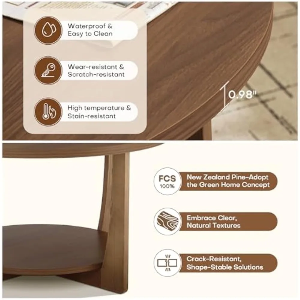 طاولة قهوة مستديرة من خشب الصنوبر الصلب مقاس 31.5 بوصة مع رف تخزين