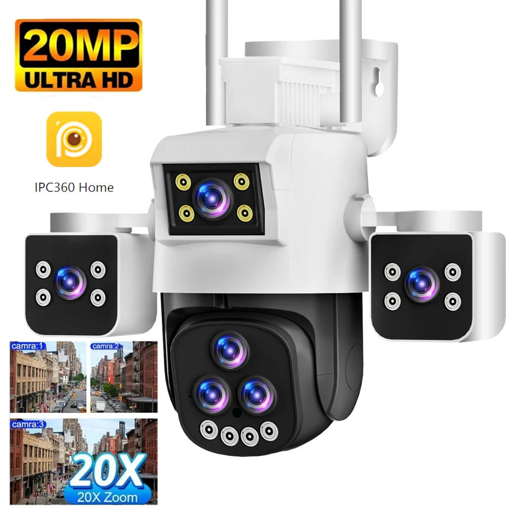 20MP 10K Wifi Camera 3 Screens 360° Wide Angle Ultra Long Range 20X Zoom Outdoor Surveillance Security Camera Humanoid Detection