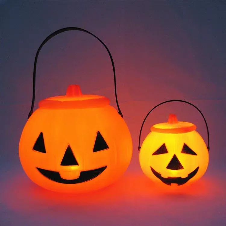 Halloween Decorative Plastic Handle Trick Pumpkin Light Candy Children's Performance Props with Pumpkin Barrel Pumpkin Bucket