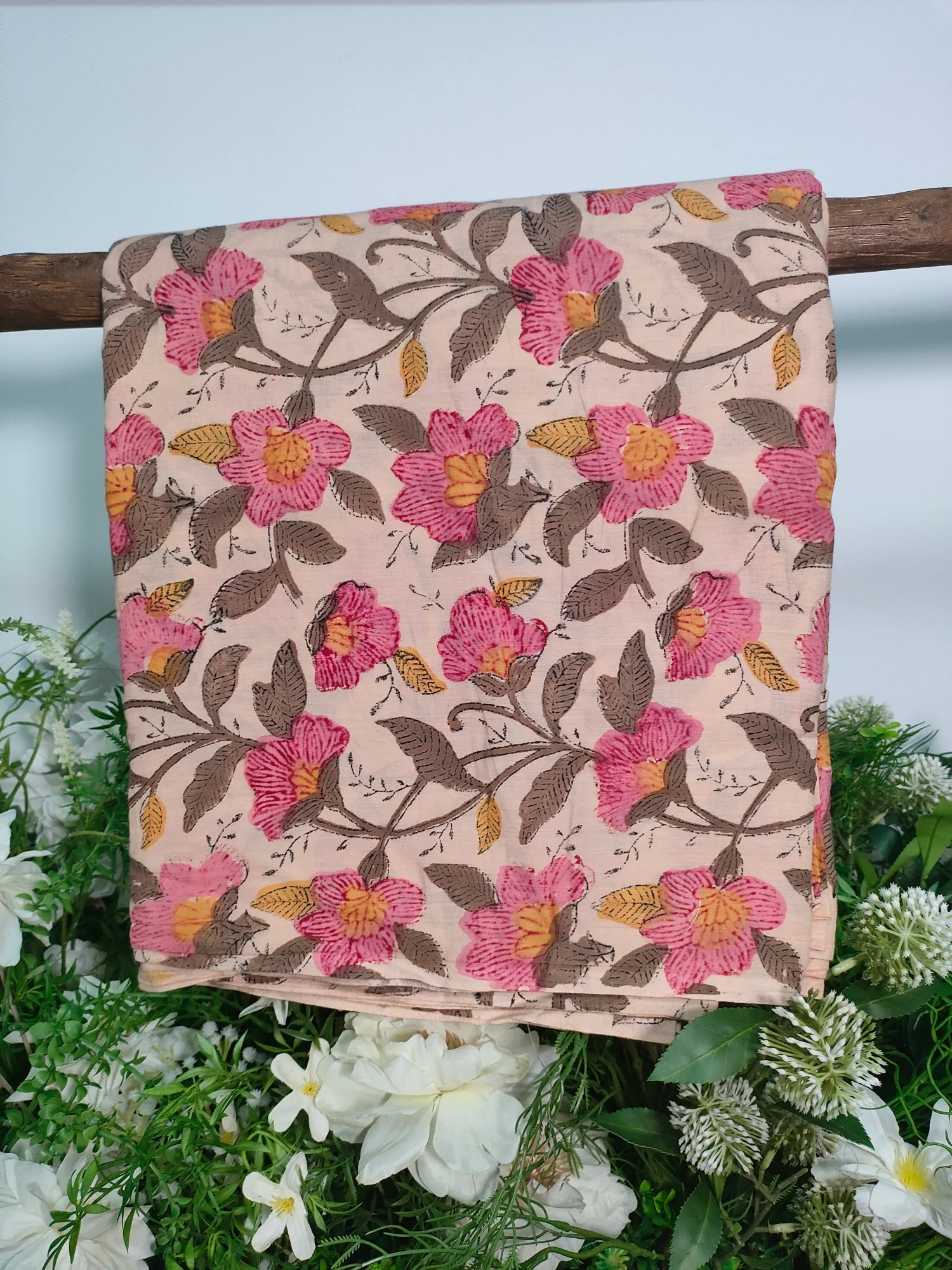 

India Burga Block Print Floral Cotton Fabric for Dress Tablecloth Pillow Handmade DIY Clothing Boho Home Decor Soft Fabric