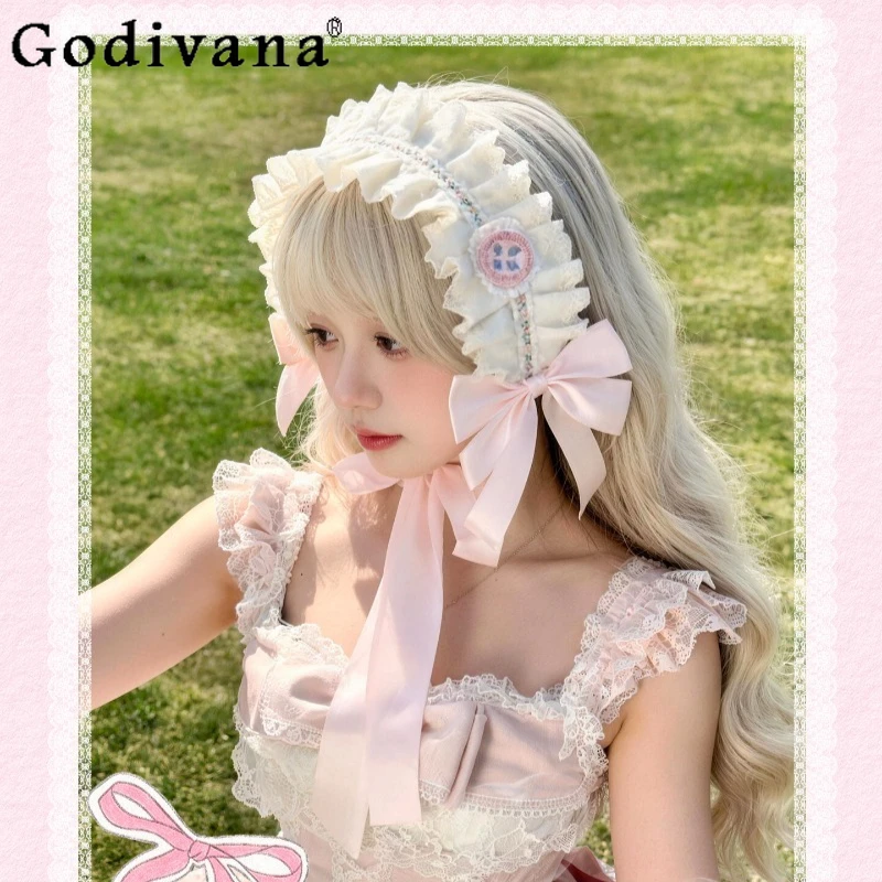 

Повязка на голову ручной работы в стиле Sweet Lolita для девочек, розовая, с бантом, кружевом, рюшами и вышивкой, аксессуар для волос для женщин, милая повязка для чаепития
