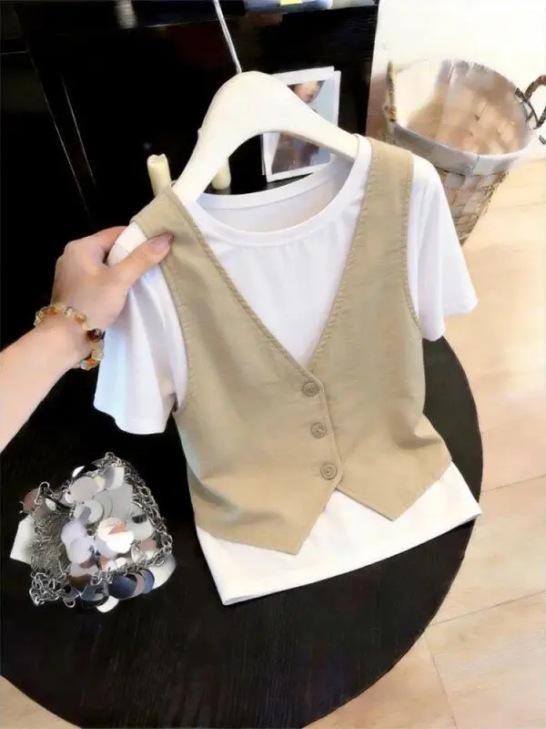 

Fashionable Slimming Women's Short Sleeve Shirt Set Casual Fit round Neck Knitted Two-Piece Suit for Summer Commute