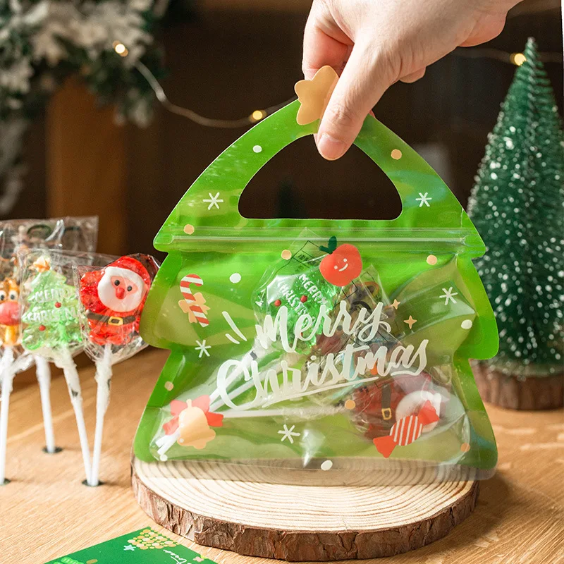 8pcs Christmas Tree Bags Green Self-sealing Bag Snack Cookie Packaging Storage Bag Xmas New Year Party Decoration Supply