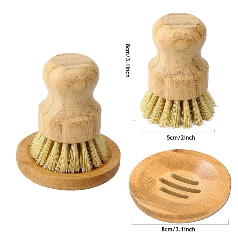 1pc/2pcs Bamboo Dish Scrub Brush Soap Dish Kitchen Wooden Dish Scrubber Cleaning Brush for Washing Dish Cast Iron Pan Pot