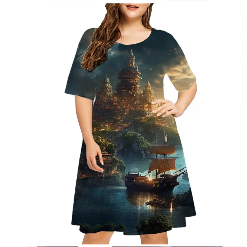 Fantasy World 3D Architektur Print Kleider für Frauen Mode elegante Damen Sommer Plus Size Kleider Kurzarm Kleidung