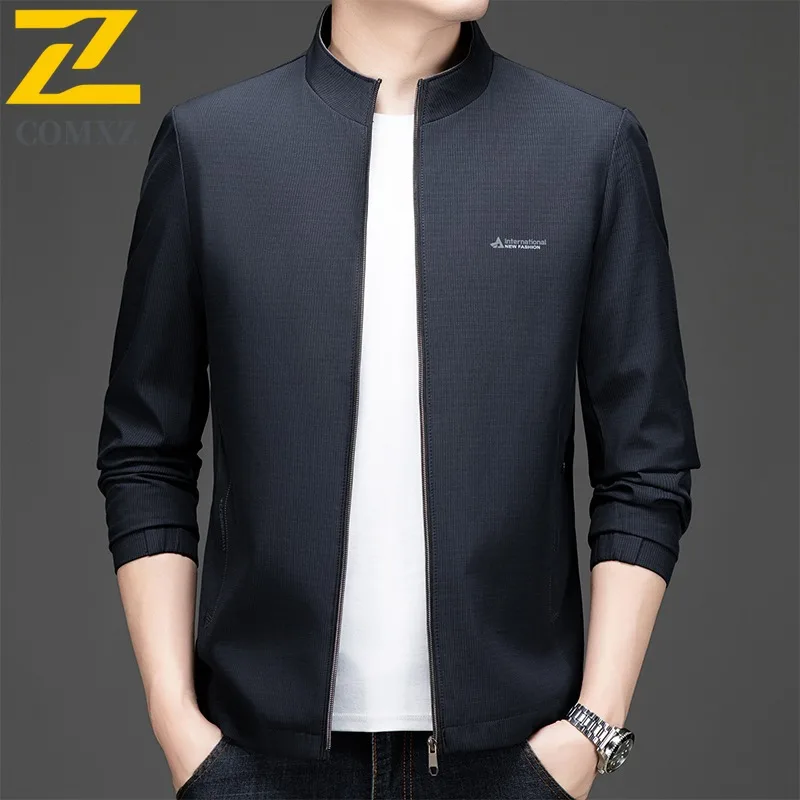 

COMXZ Мужская осенняя мотоциклетная куртка, роскошная офисная ветрозащитная куртка на молнии, непринужденная легкая верхняя одежда с воротником-стойкой