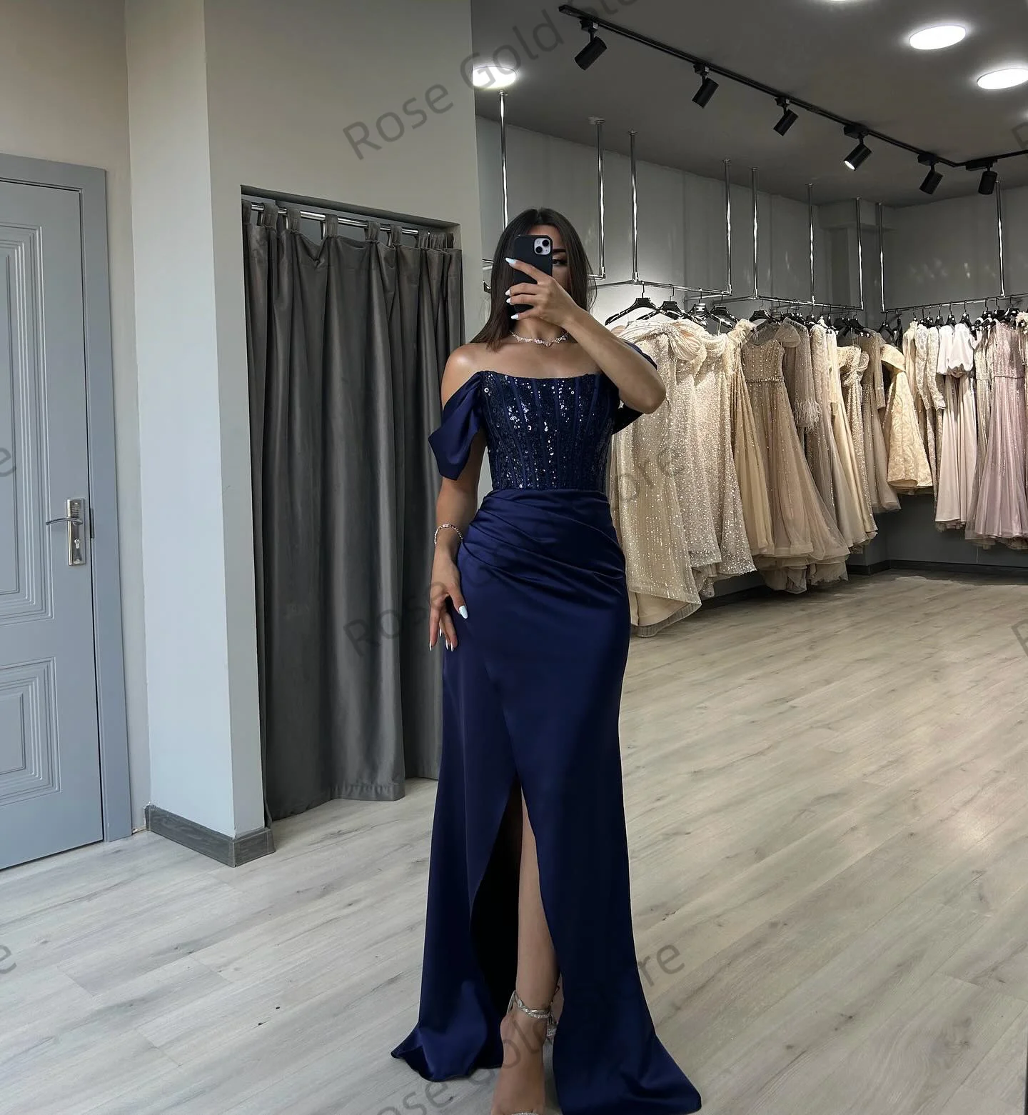 Elegante brilhante vestidos de noite para formal azul sereia vestidos de gala personalizado longo lantejoulas fenda lateral mancha macia vestidos de baile