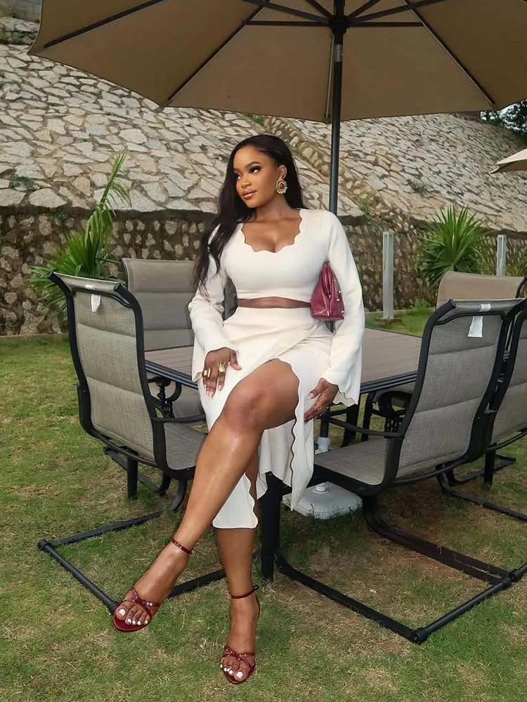 Summer 2 Piece Outfits Woman Square Collar Long Sleeve Top Slimming and Slit Dress Chic Elegant Women Sets Skirt Beige