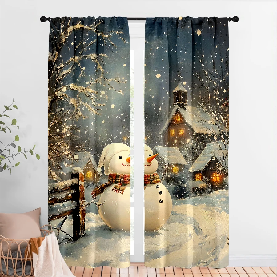 2PCS Christmas Winter Curtains, Snowman Village, Digital Print, Bedroom Living Room Kitchen, Rod Pocket Polyester, Home Decor