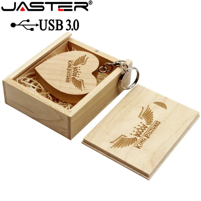 JASTER USB 3.0 with box wooden love heart model usb flash drive memory Stick 64GB 16GB 32GB 4GB wedding gifts free custom logo