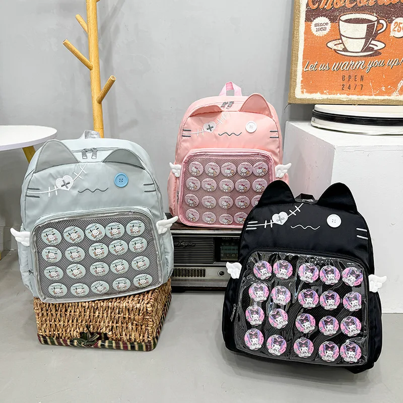 Mochila transparente de gato lindo Y2K, bolso Kawaii Harajuku para niña Ita, mochila de estudiante de alta capacidad, mochila escolar de exhibición DIY para adolescentes