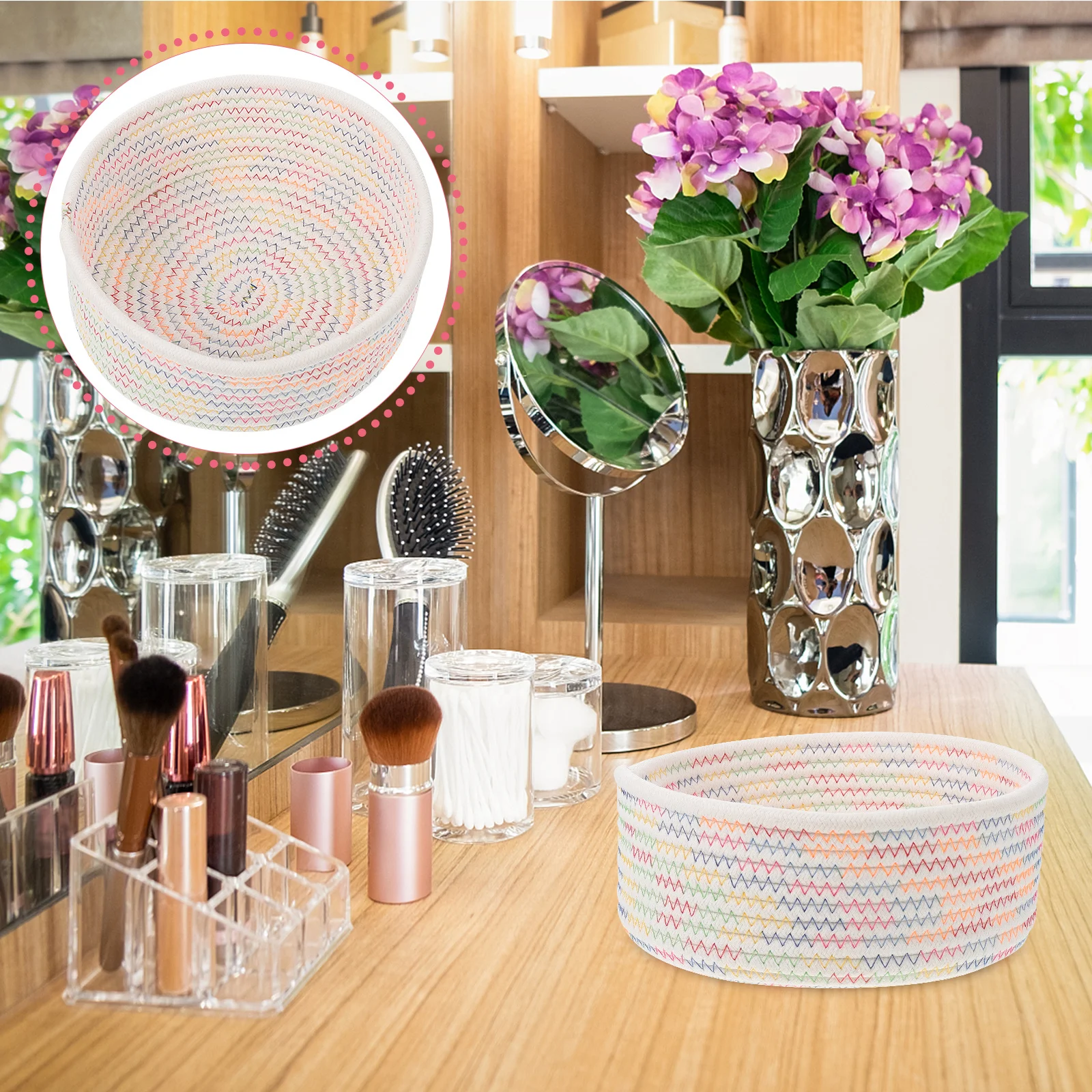 

Woven Cotton Rope Storage Basket Small Size Tabletop Organizer For Bedroom Desktop Makeup Cosmetics Snacks Sundries Home