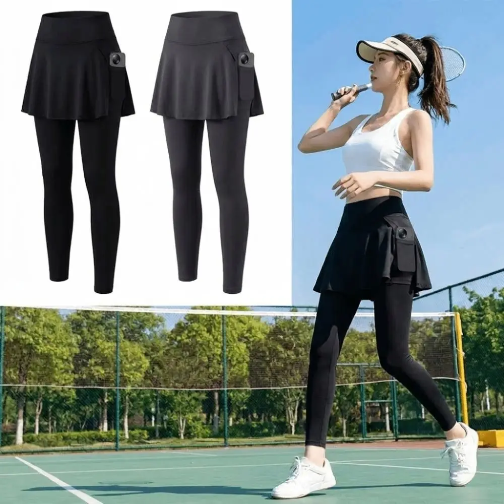 Faux Two Piece Women Yoga Pants High Waisted Skirt Overlay Athletic Leggings Full Length Side Pocket Workout Tights Badminton