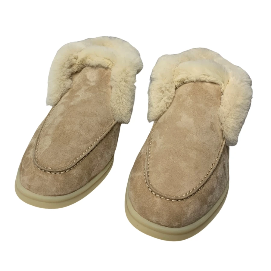 Light Khaki Women Winter Ankle Loafers Slip On Flat Booties Faux Fur Trim Warm Microfiber Suede Casual Walking Shoes  BH1534