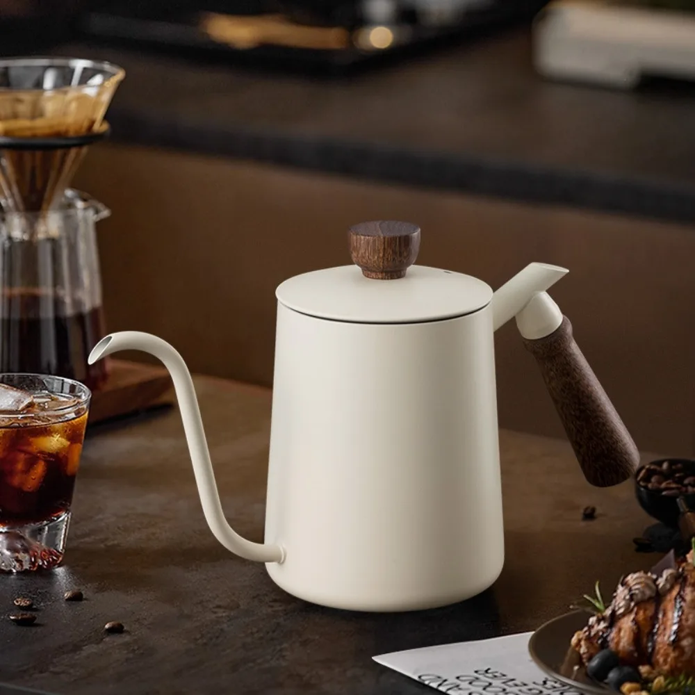 Wooden Handle Goose Neck Coffee Kettle 304 Stainless Steel Drip Port Pour-over Coffee Pot with Scaled Narrow-Mouthed