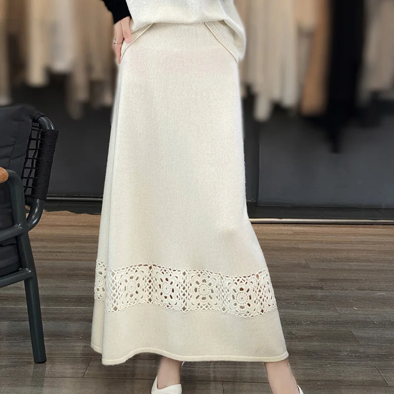 Women\'s Cashmere Knitted Skirt, Monochromatic, Hollow Hook, High Waist, A-line Skirt, Long Wool, Over the Knee, Autumn, Winter,