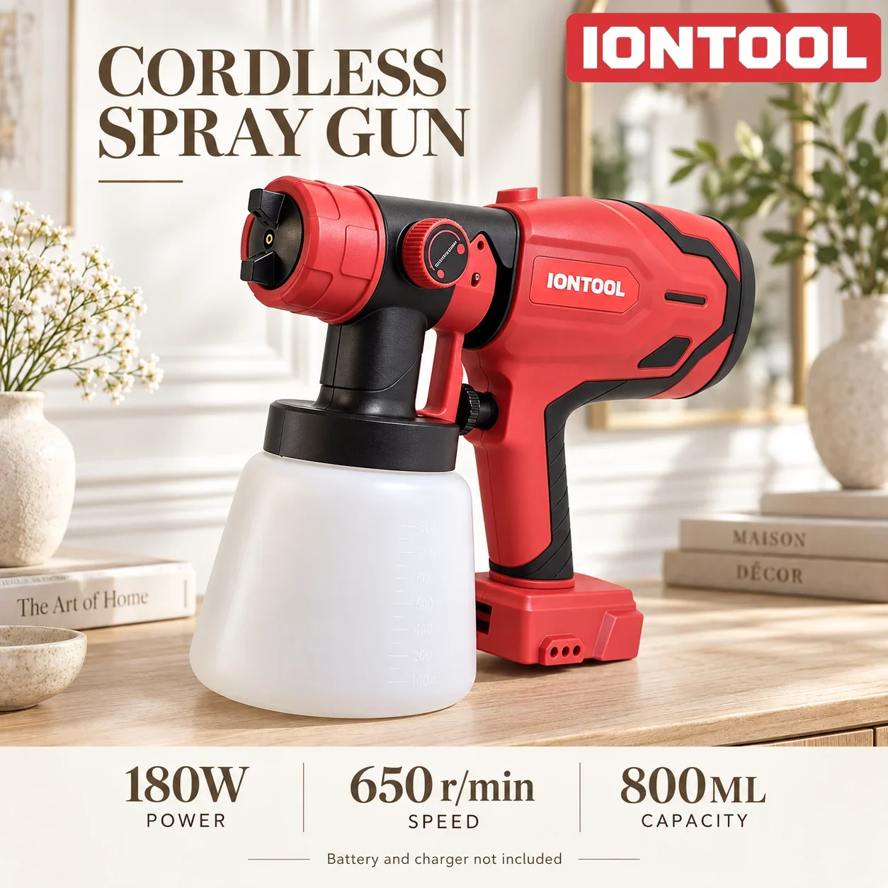 IONTOOL 180W 800ML Red Lightweight Cordless Spray Gun Brushless for Fence and Outdoor Wood Coating Garage Tool