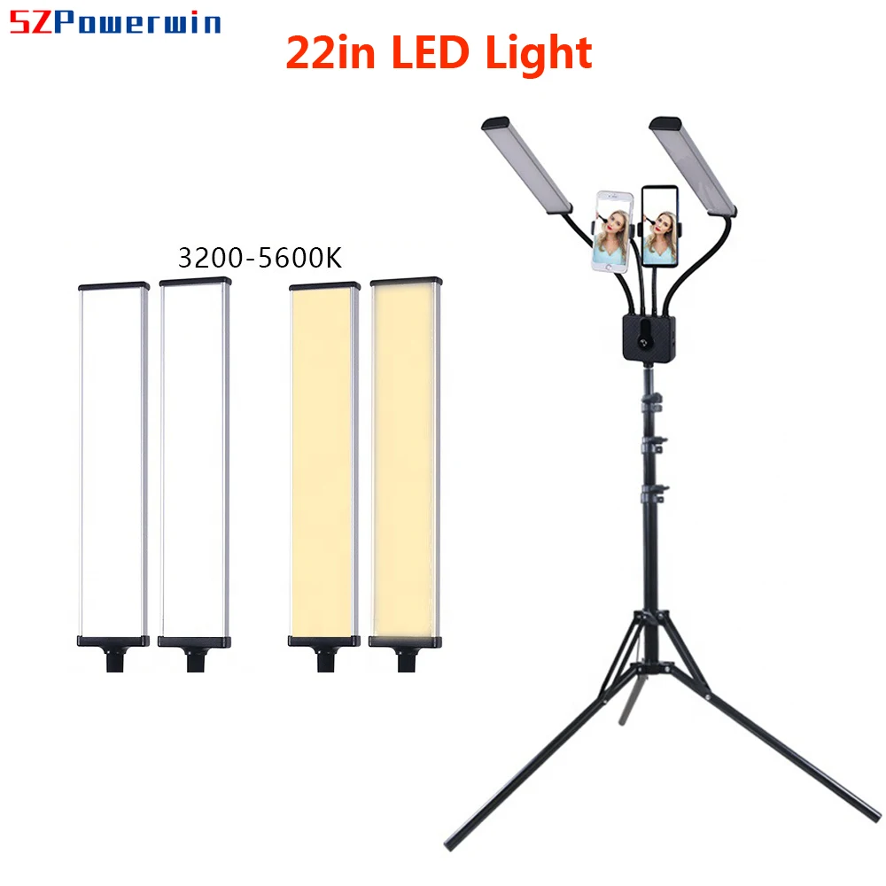 Powerwin 22 Inch Photo Studio Video LED Dual Arm Light Flexible Dimmable Lamp Tube Bi-Color Double Phone Holder Without Tripod