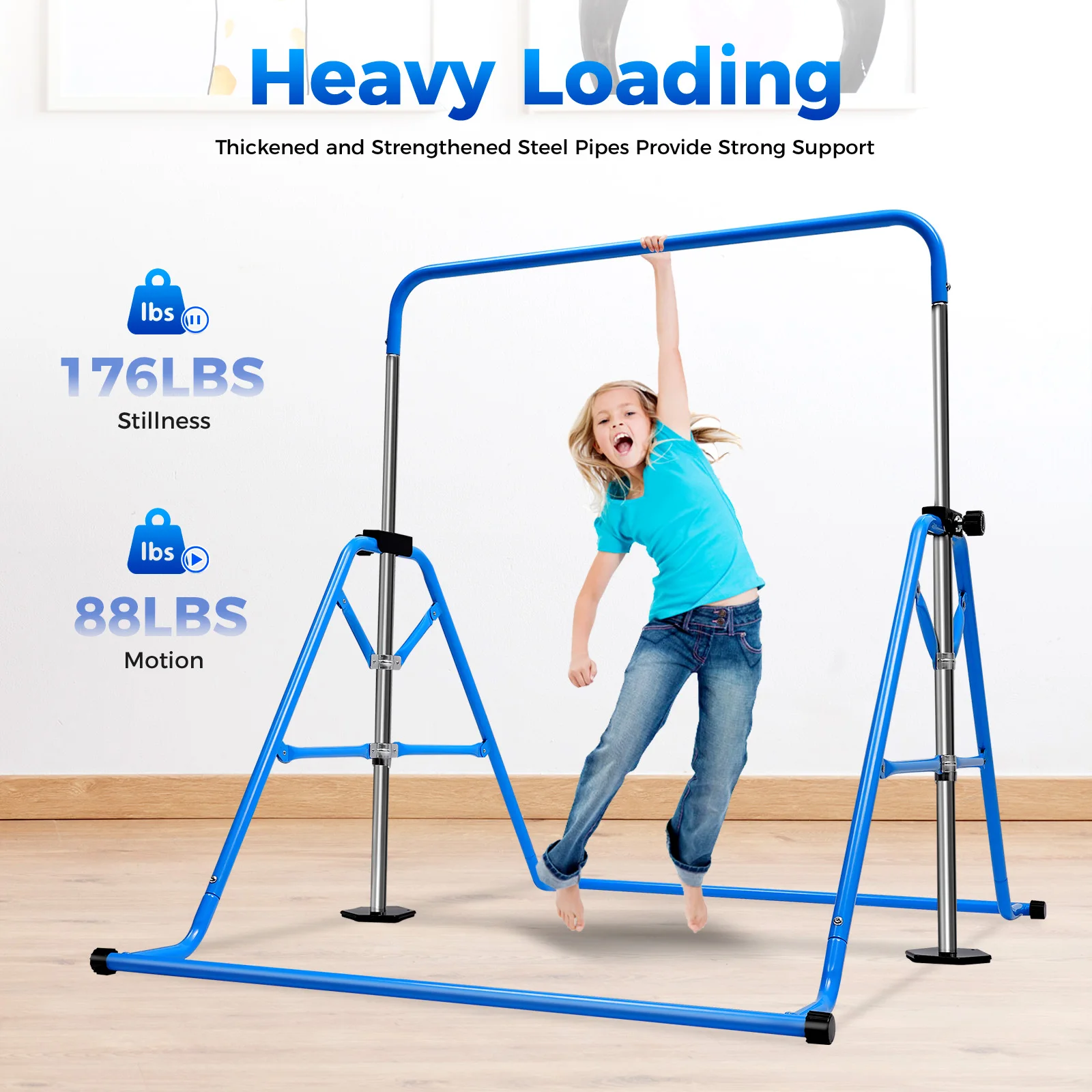 Barres de gymnastique pliantes pour enfants bleu/rose, barre d'entraînement extensible amusante, barre horizontale à hauteur réglable