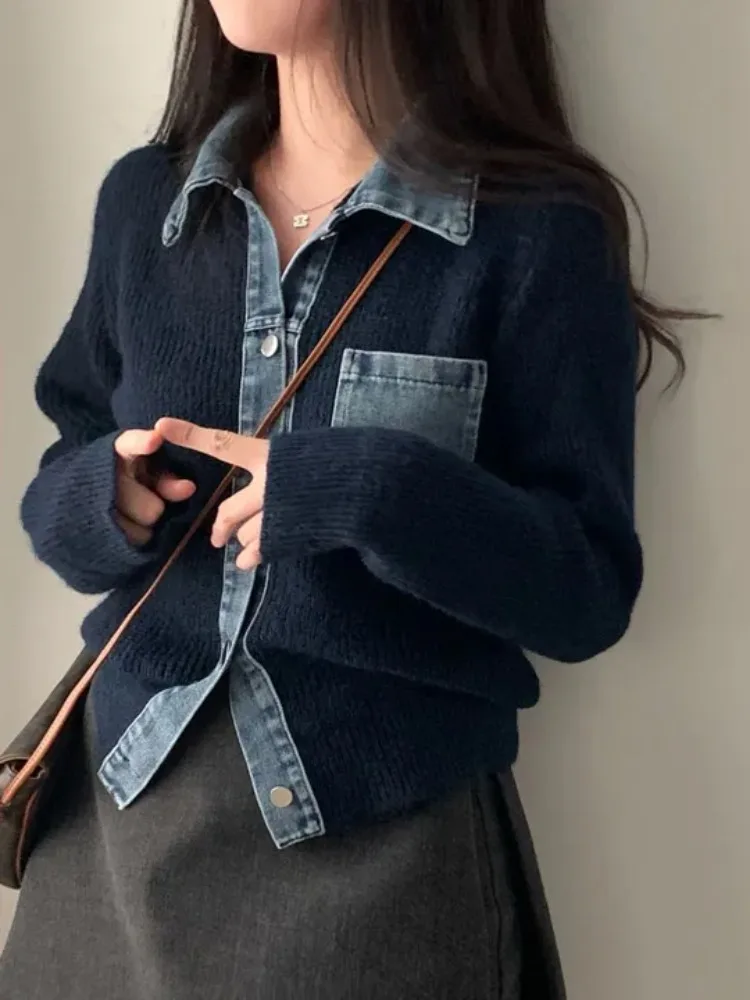 Women's Denim Knitted Sweater Coat Spring Autumn Winter Warm Casual Style Fashion Design Breathable Air Heating Outerwear