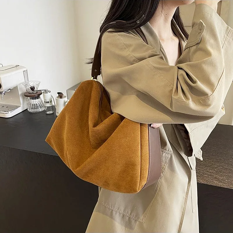 Soft Suede Leather Handbag for Women Cozy Large Shoulder Bag Female Zip Closure Hobos 2024 New Girls Purse