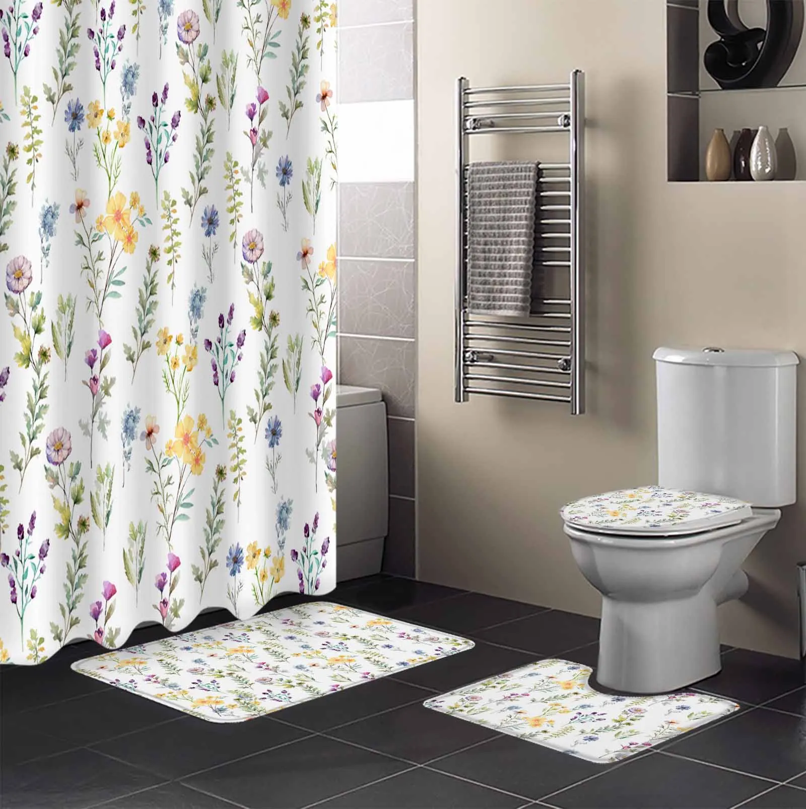 Flower Watercolor Hand Painted Shower Curtain Non-Slip Rugs Toilet Lid Cover and Bath Mat Bathroom Curtains with Hooks