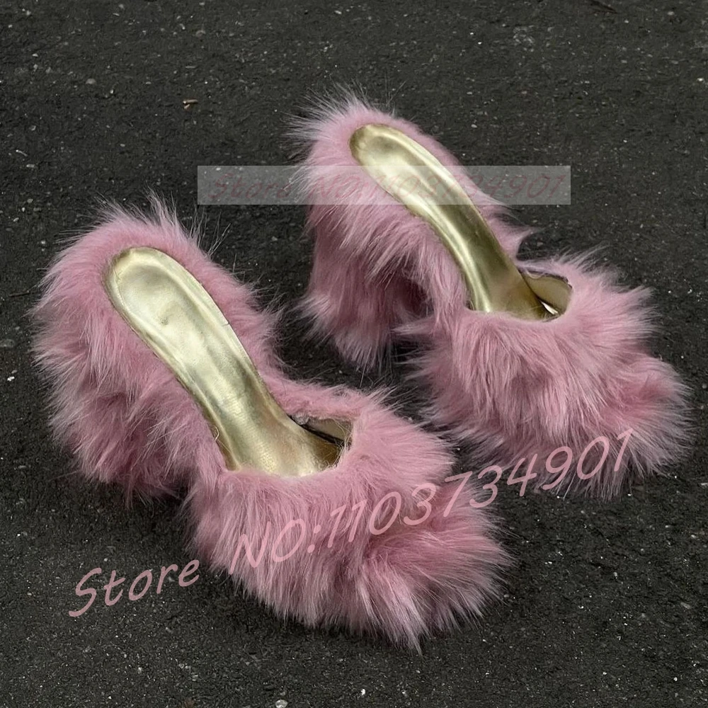 

Pink Fur Open Toe Chunky Heels Slippers Female Round Toe Gold Shiny Insoles High Heels Shoes Women Outside Party Sexy Slippers