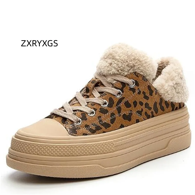 ZXRYXGS Temperament Trend Winter Sneaker Warm Snow Shoes 2023 Lace-up Genuine Leather Sneaker Wool Shoes Flat Platform Sneakers