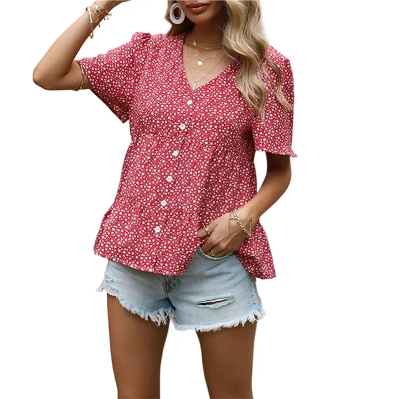 

CYL-Женские рубашки на пуговицах с коротким рукавом, топы с V-образным вырезом и воротником, блузки