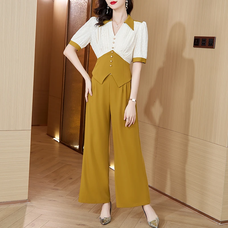 2023 Summer New Casual Short Sleeve Top Long Pants Two Piece Set Women's French Loose Large Waist Slim Wide Leg Pants Set Short