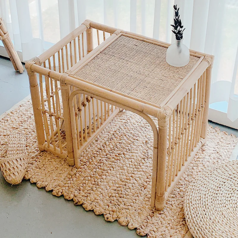 ins small square rattan woven Japanese square coffee table tatami storage coffee table corner table creative multi-functional