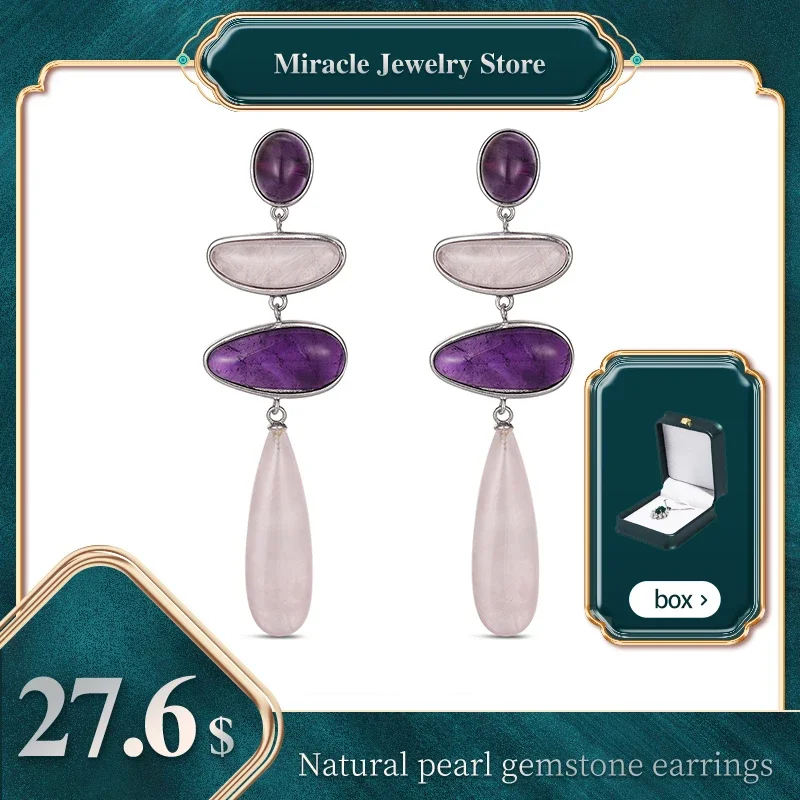 

Mrs Win 925 Sterling Silver Earrings Set with Natural Amethyst and Pink Crystal, High-end Ladies' Jewelry, A Gift for Mothers