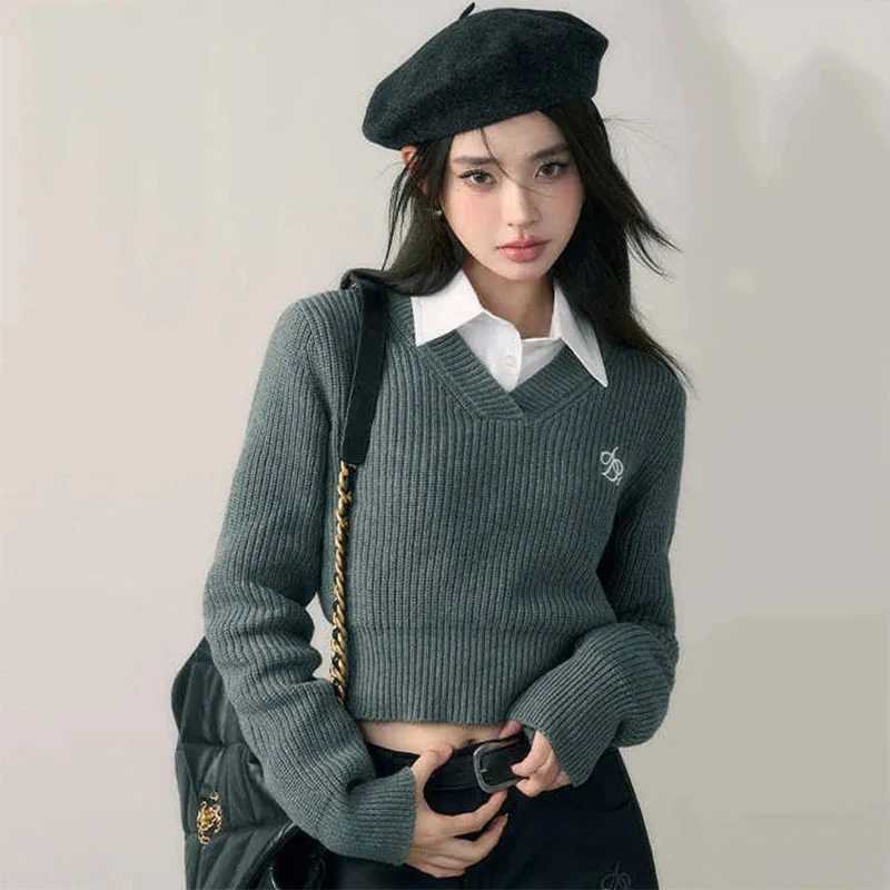 Harajuku Cropped Sweater Women Solid V Neck Knitted Pullovers Vintage Preppy Slim Knitwears Korean Basic Black Grey Jumper Tops