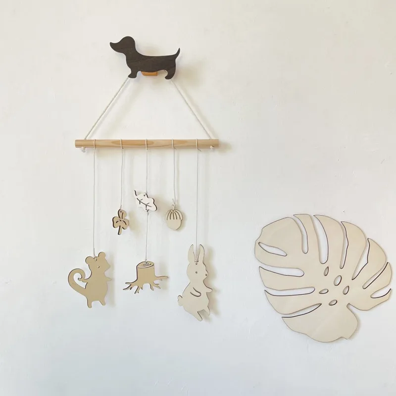 INS Nordic Wooden Stick With Animals Chips Pendants Wall Hanging Ornaments Baby Kids Room Decoration Nursery Decor Photo Props