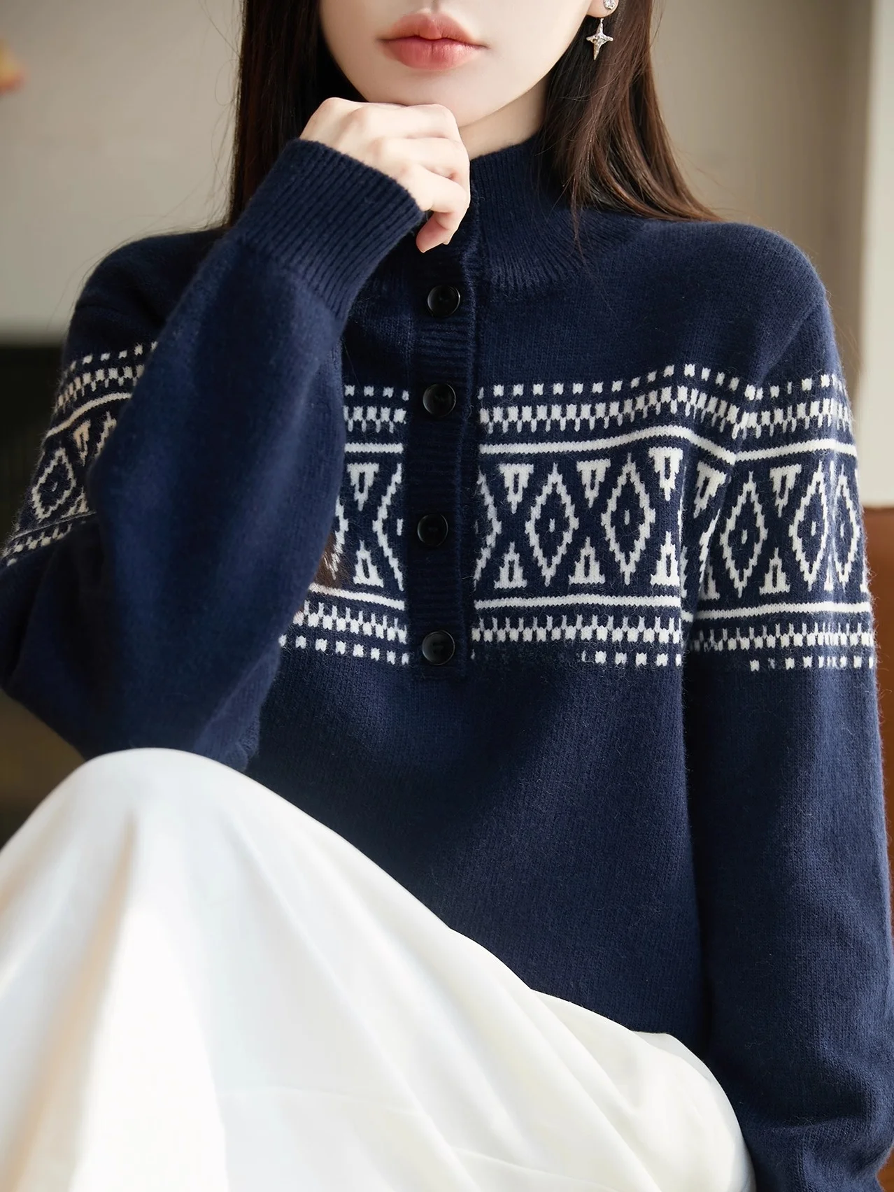 

Retro High Collar Knitted Sweater Cardigan Women's Loose Fit Outerwear Woolen Geometric Pattern Casual Sle Winter Top