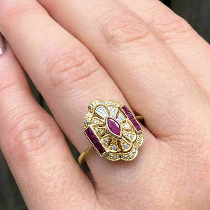 Huitan Gorgeous Red CZ Gold Color Rings for Women Vintage Style Luxury Lady Accessories Party Anniversary Gift Noble Jewelry