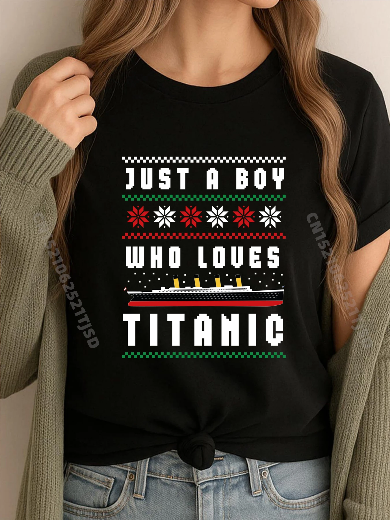 just-a-boy-who-loves-titanic-ugly-christmas-graphic-shirts-woman-new-year-tee-shirt