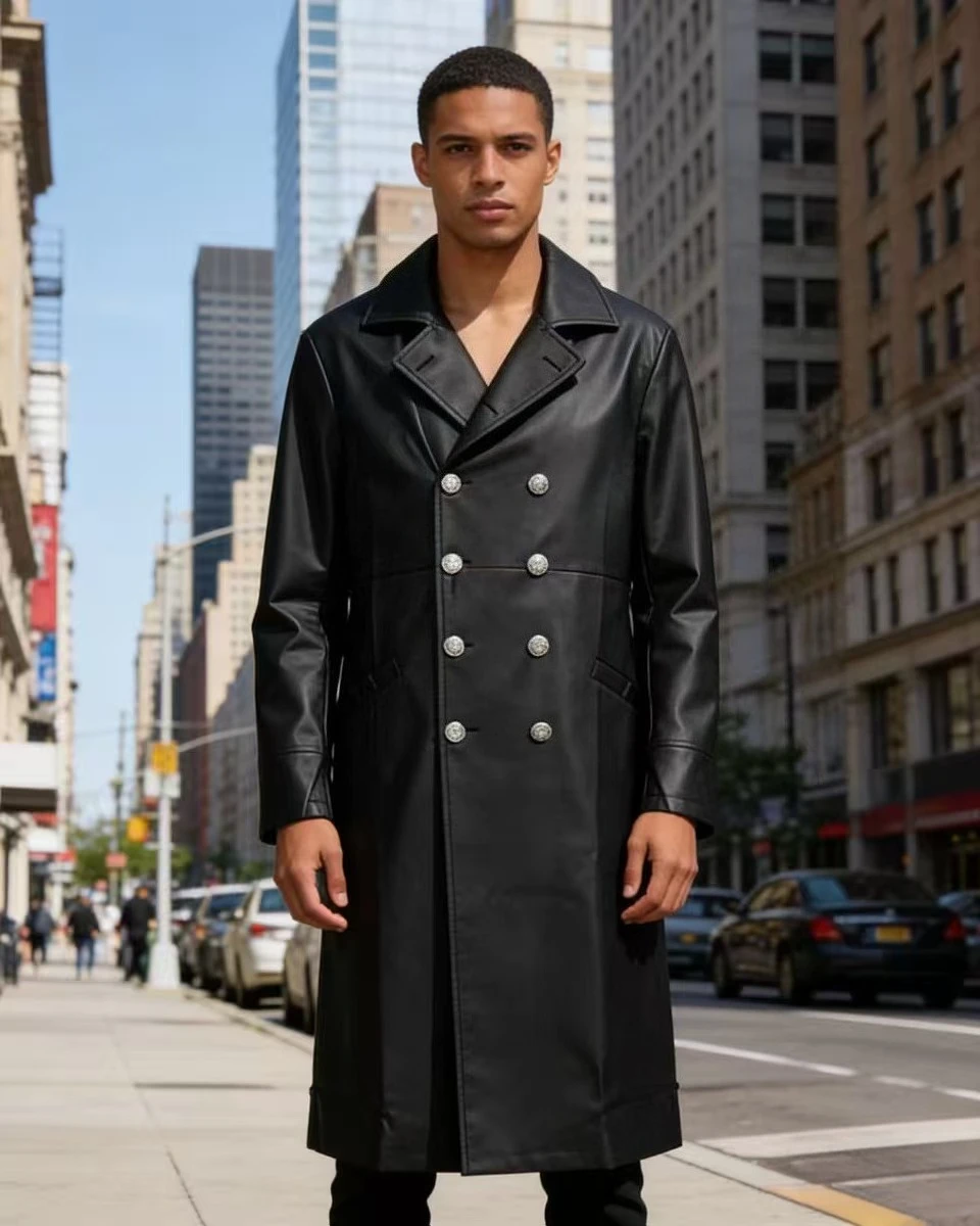 Men's large-sized double-breasted PU leather long coat, blac