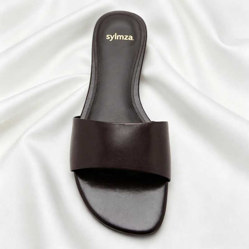 

High-quality Soft Leather PU House Slippers Women Concise Round-toe Open-toe Flat Sandal Light Non-slip Comfortable Women Shoes