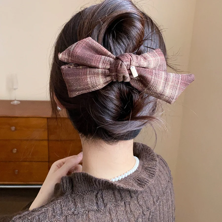Gentle Coffee Plaid Bowknot Hair Clips Women's Vintage Updo Acrylic Ponytail Holder Charms Half-tie Headwear Banquet Dating M