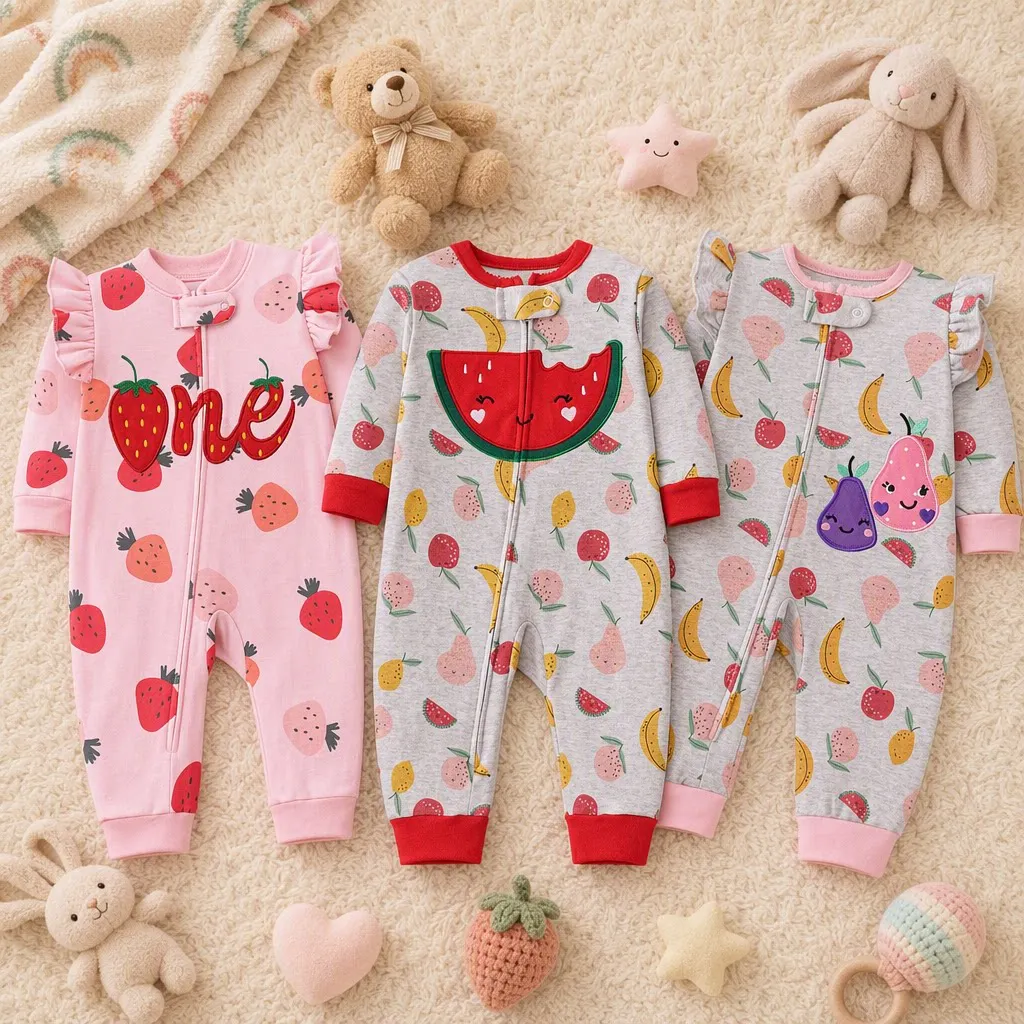 Double-sided Cotton Baby Romper Letter Fruit Embroidery & All-over Print Zip Onesie Casual Wear for 6-24M Baby Girls All Seasons