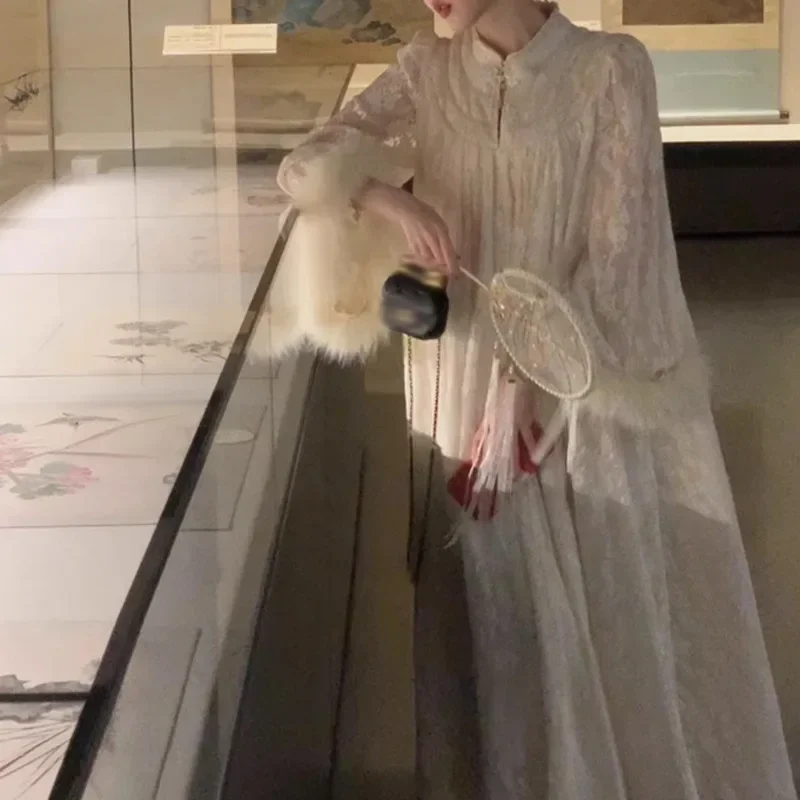 

Elegant A-Line Long Dress for Women Autumn/Winter Loose-Fit Chinese Style Court Dress Wrinkled Lace Dress
