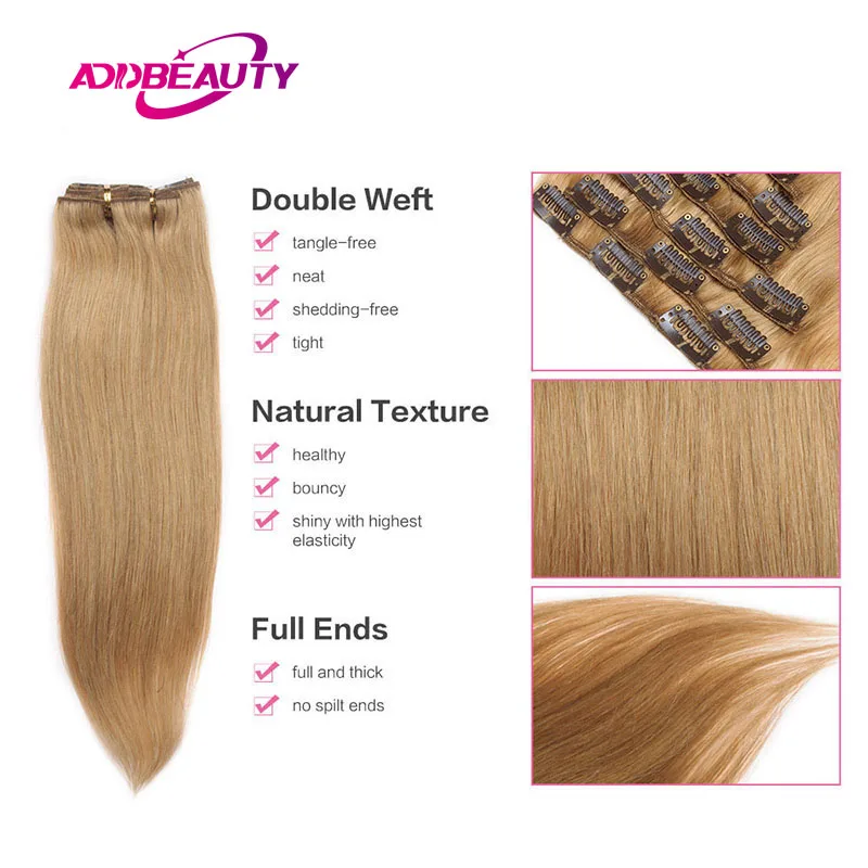 Extensiones de cabello humano virgen para mujer, Clip recto de 7 piezas, extensión de cabello Natural de cabeza completa