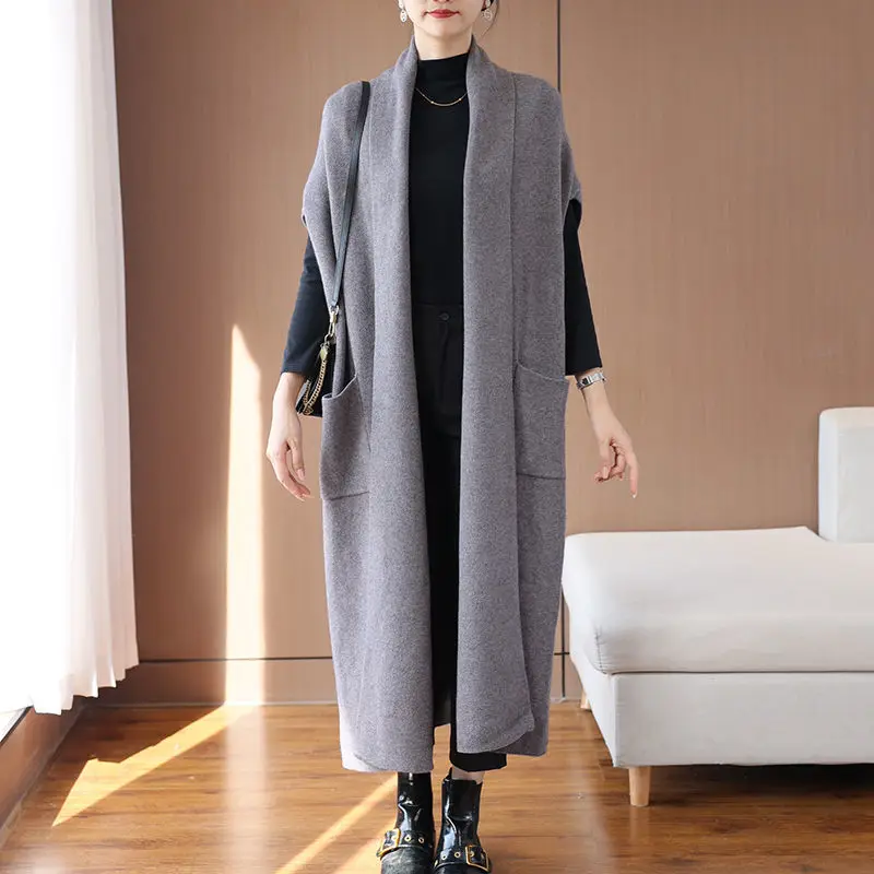 Long Sweater Vest Women Knitting Cardigan Waistcoat Coat Lady 2024 New Autumn Winter Spliced Loose Solid Sleeveless T619