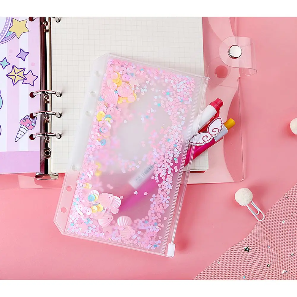 1pc Office Supplies Zipper File Storage Bag Standard 6 Hole Loose Leaf PVC Inner Pocket File Holder Binder Storage Pouch A5/A6