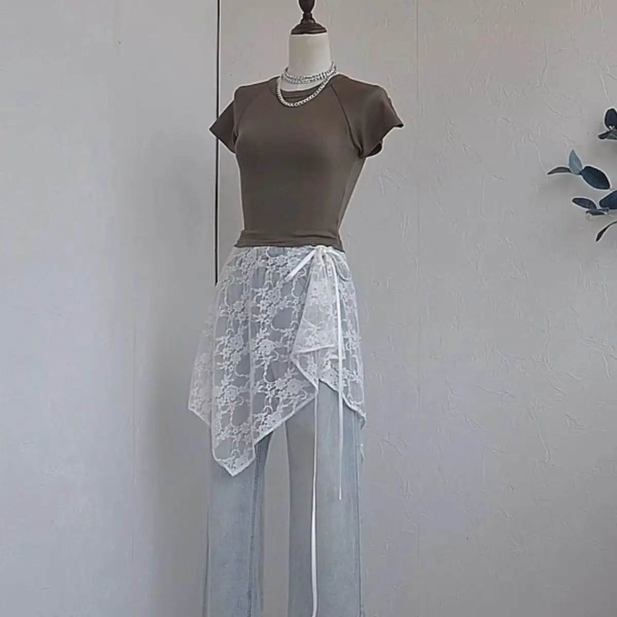 Women's Irregular Lace Apron Skirt French Style Layered Wrap Skirt Spring Bandage Fashion Outer Skirt