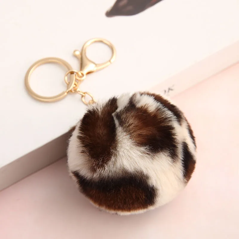 8 Colors Leopard Print PomPom Keychain Car Keyring Women Or Child Holder Bag Pendant Jewelry Key Chain Charms Soft Fluffy Ball