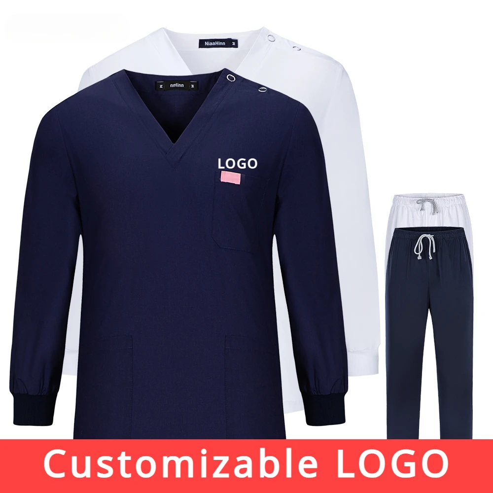 Customizable LOGO Scrub Surgical Uniform Long Sleeved Surgery Clothes Overalls Pet Grooming Nursing Uniform Dentistry Work Coat